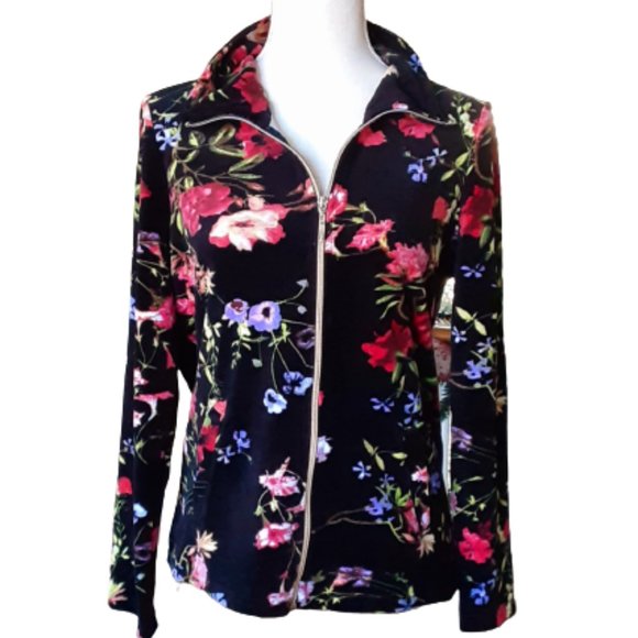 Black Floral Velour Jacket Size S with Gold Full Front Zipper. Oversize - Picture 1 of 8